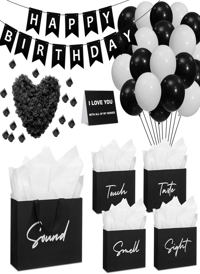 Soulchen 5 Senses Gift Bags for Him Her with Labels, Valentines Day Five Senses Gift Birthday Party Decoration Tissue Paper Handles, Comes with Rose Petals Banner Balloons for Party(Black White) - Image 1